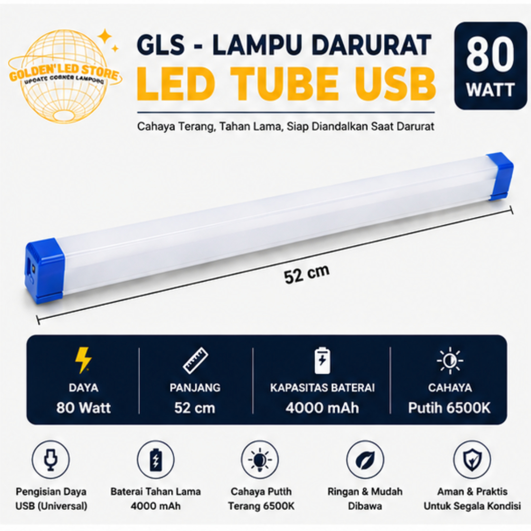 GLS - Lampu Darurat LED Tube USB Rechargeable 40W 60W 80W Cahaya Putih 6500K Emergency Lamp Portable
