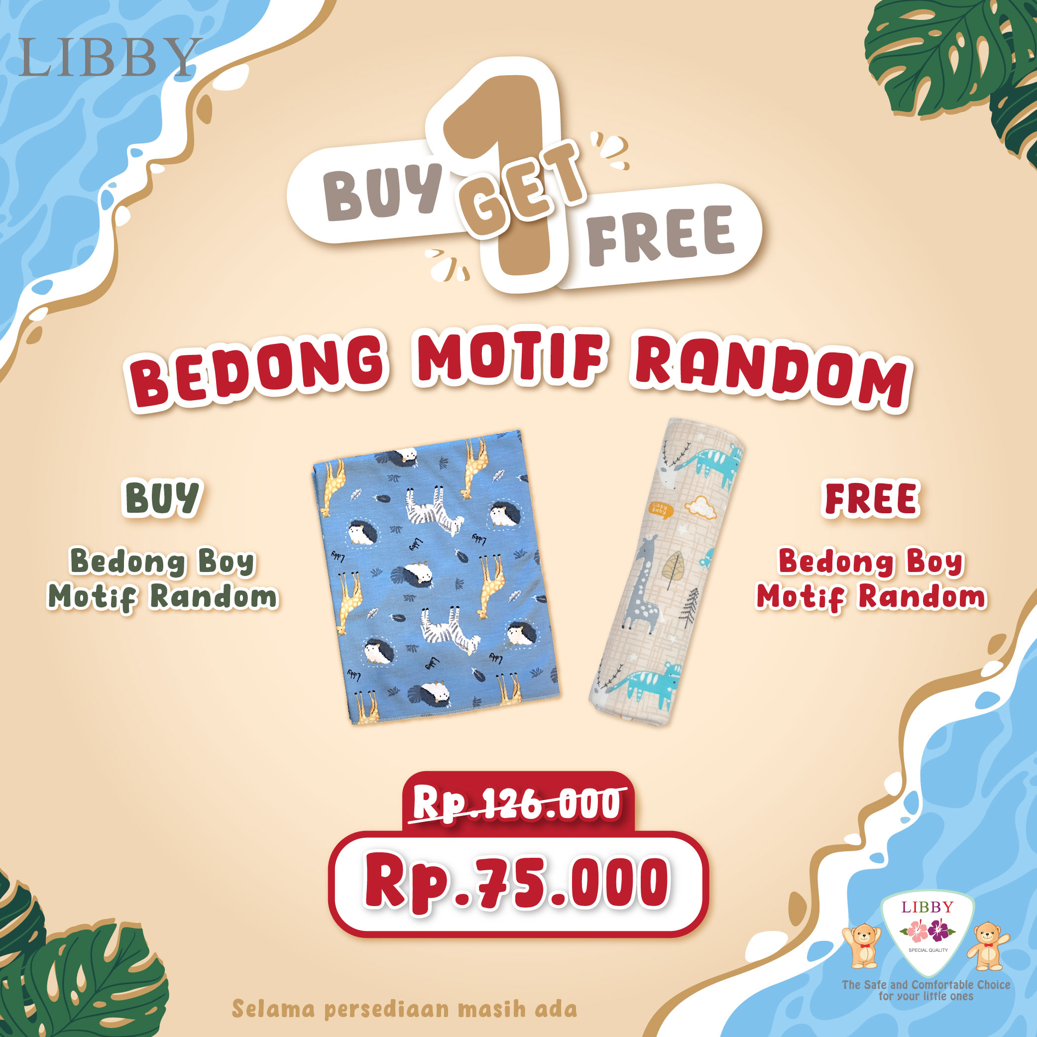 LIBBY BUY 1 GET 1-Paket Bedong Bayi Laki - Laki Perempuan Motif Unisex (2 pcs)