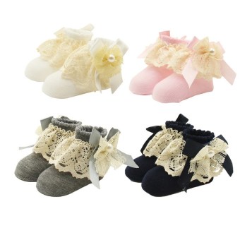 Jiayiqi 1 Pasang Sepatu Bayi Perempuan Mutiara Ikatan Simpul Tali Kerut Kaus Kaki Katun Nyaman Jala
