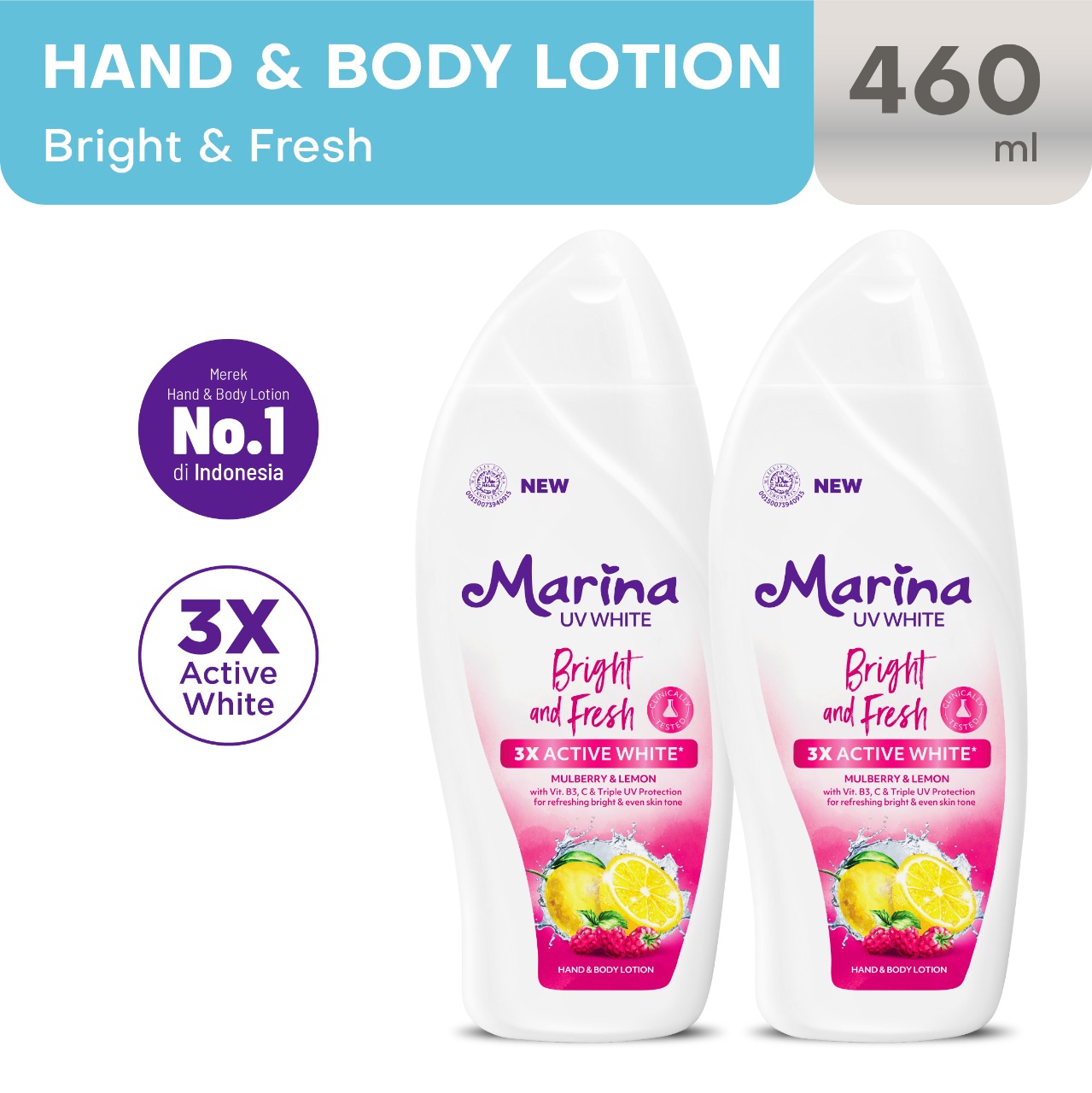 Twin Pack Marina Hand Body Lotion UV White 460ml - Nourish and Bright [2 pcs] - Exp : 11.2027