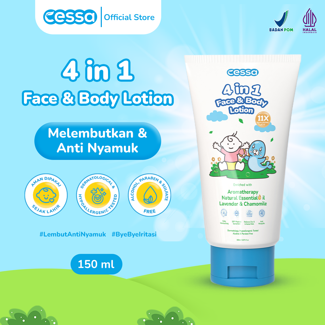 Cessa 4in1 Face & Body Lotion 150 Ml - Melembabkan & Menyehatkan Kulit Bayi dan Anak - Lotion Ruam dan Anti Nyamuk Tanpa Paraben Tanpa SLS