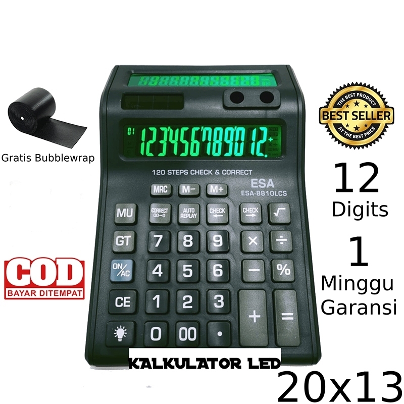 Kalkulator Digital LED Lampu Hijau 12 Digit - Kalkulator ESA 8810lcs LED