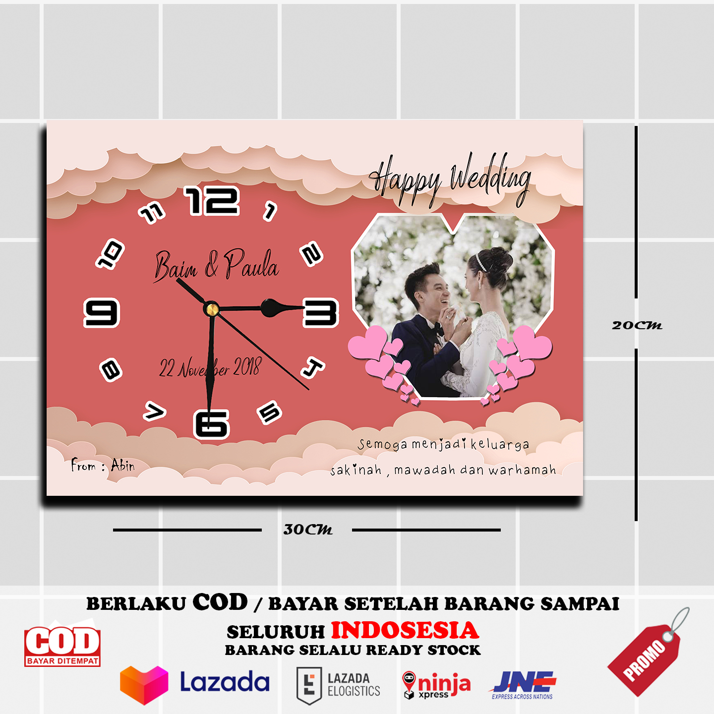 COUSTOM JAM FOTO SENDIRI UKURAN 20X30 BENTUK LOVE