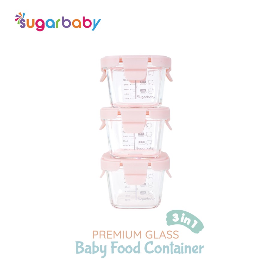 SugarBaby Premium Glass Jar Baby Food Container 3 pcs Bayi Silicone Lid & Plastic Lid