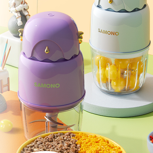 SAMONO Blender Mini Chopper MPASI Bayi 6 Mata Pisau Stainless Steel Penggiling Daging Bumbu Serbaguna Food Grade Kapasitas 300ml Desain Estetik Hemat Listrik 200W Beige SW-MC200