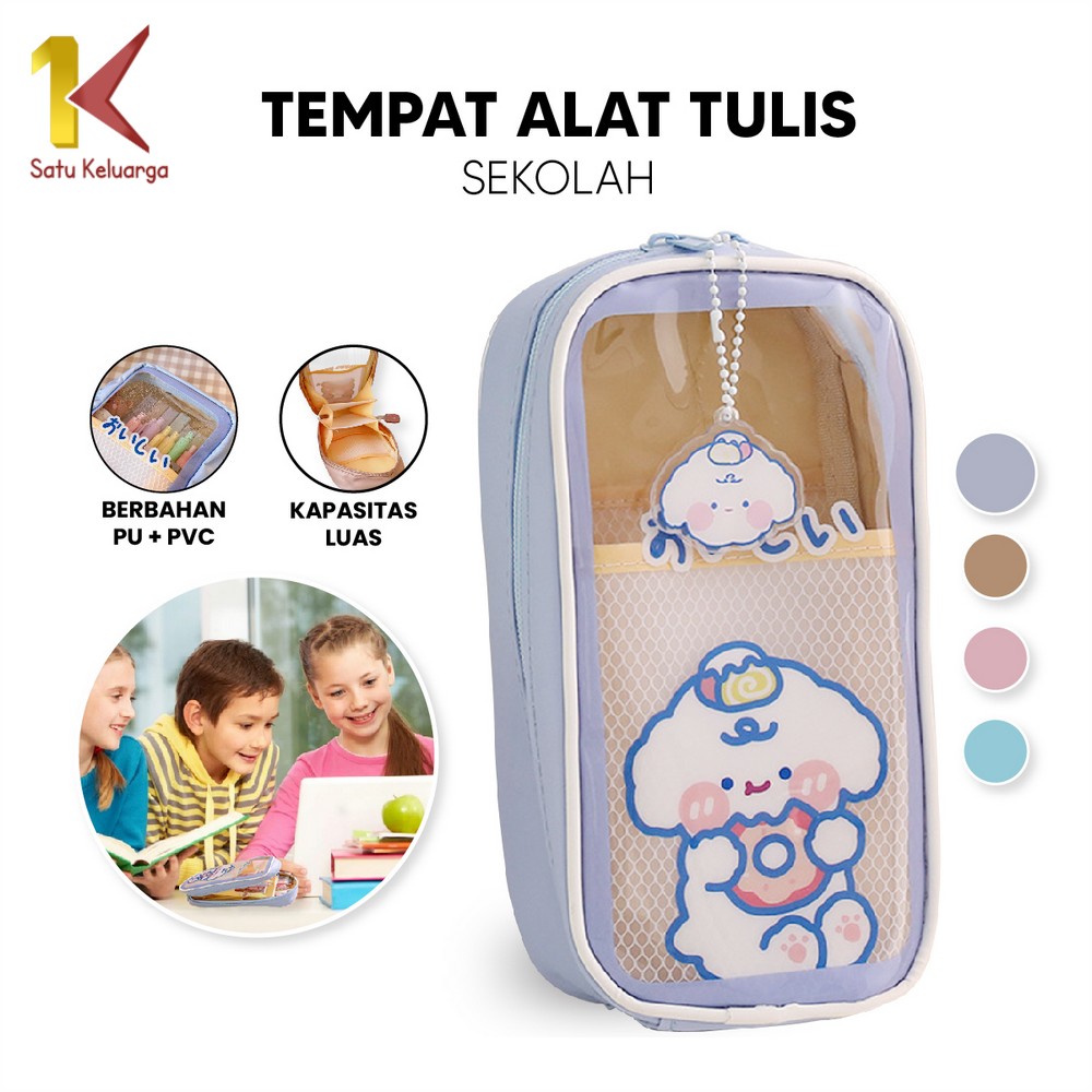 Satu Keluarga Tempat Pensil Anak Transparan Motif Kartun A61 Tempat Alat Tulis Perlengkapan Sekolah / Pencil Case Multifungsi Ala Korea Pouch Serbaguna