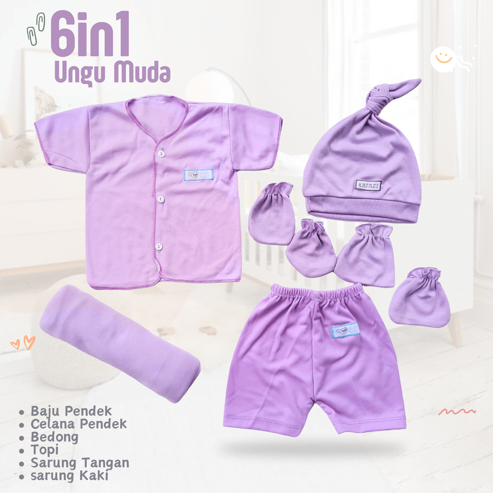 Paket Newborn Hemat 6in1 Baju Celana Topi Bedong Sartaki Bayi Baru Lahir Polos Pendek Terjangkau