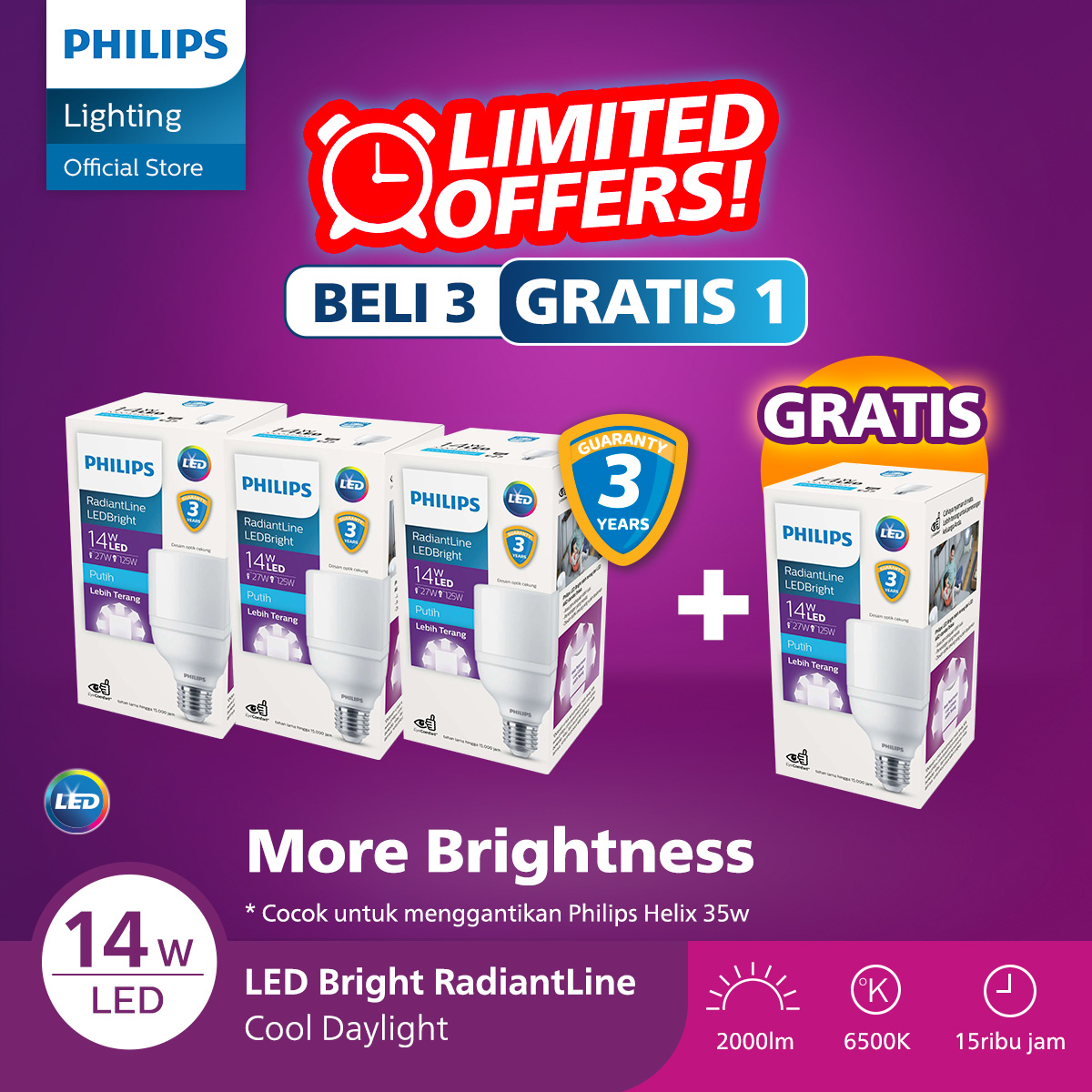 Philips Lampu LED Paket Beli 3 Gratis 1 Lampu Radiantline LED Bright 14W 6500K Putih