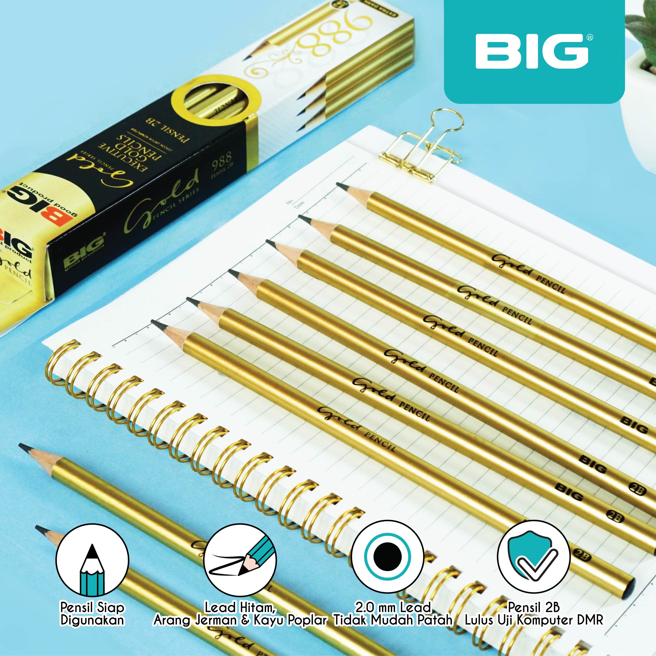 Pensil 2B BIG Standar Ujian Komputer Isi 12 Pensil Kayu Pensil Komputer Gold Tanpa Raut PS-988