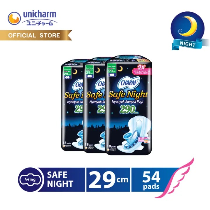 CHARM Pembalut Safe Night 29cm Wing 18pads x3