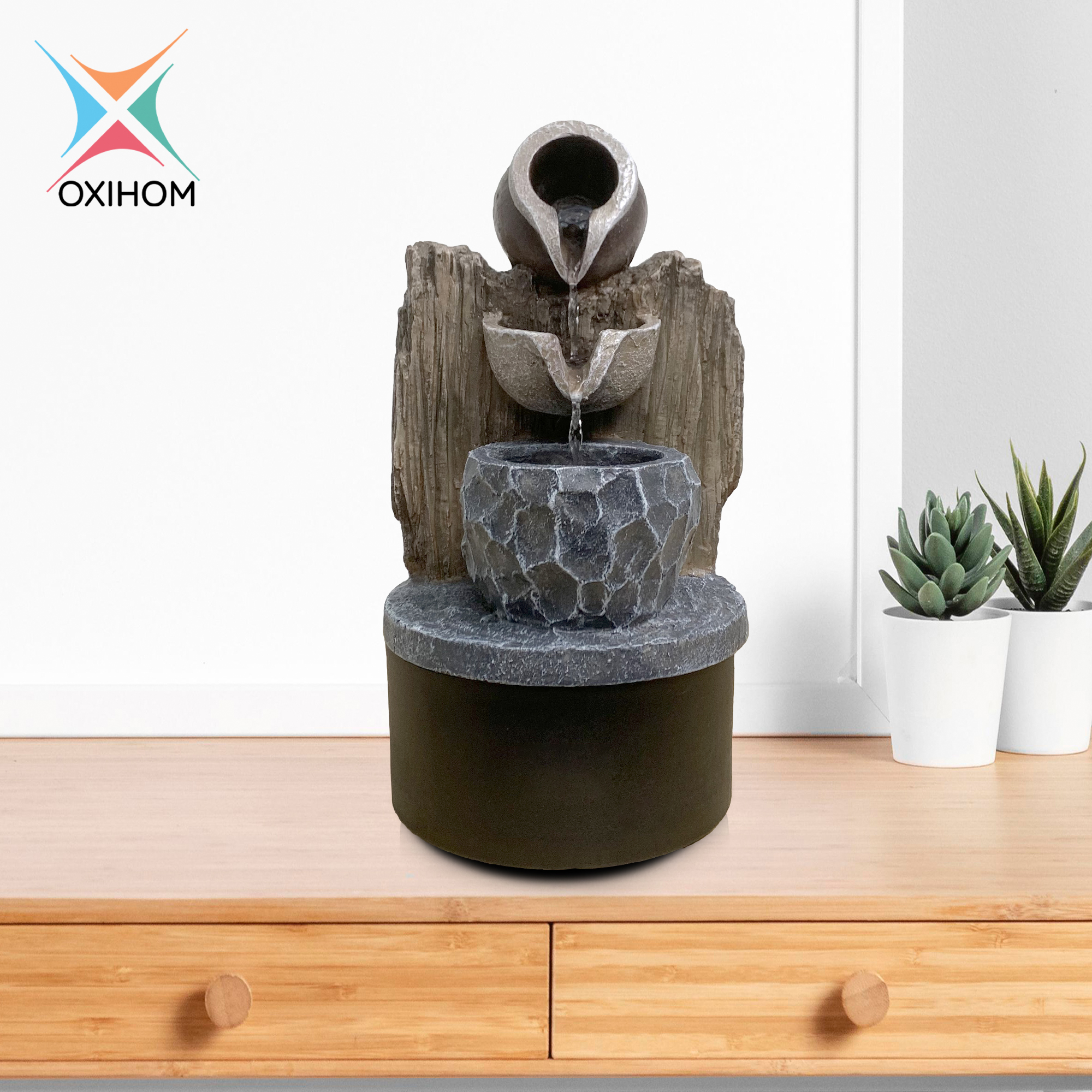 Oxihom W408 Water Fountain Ornament Articles Taman Air Mancur Mini Garden Abstrak Dekorasi Indoor dan Outdoor Rumah Unik dan Antik Feng Shui Motif Batu Alam Minimalis Membuat Ruang Tamu yang Mewah Elegan Hangat dan Romantis dengan lampu LED