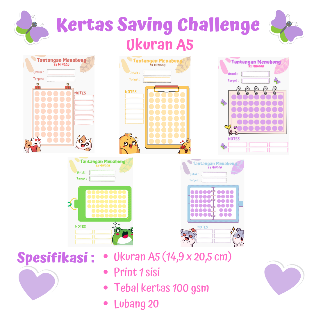 ( Isi 5) Kertas Saving Challenge Ukuran A5 / Kertas Tantangan Menabung