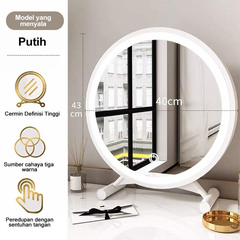 [COD][Kemasan Kayu] Cermin Rias LED Dengan Touchscreen Cermin Rias Bulat 40CM - Touchscreen 3 jenis Pencahayaan (Natural/Hangat/Dingin) untuk Makeup & Skincare