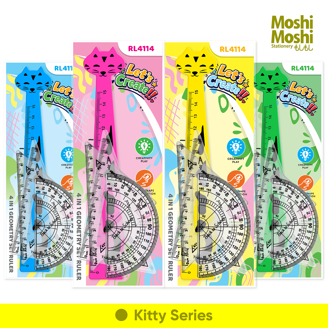 4 in 1 Geometry Ruler Set Fancy Animal Color Penggaris Karakter Binatang Warna 15cm Segitiga Busur