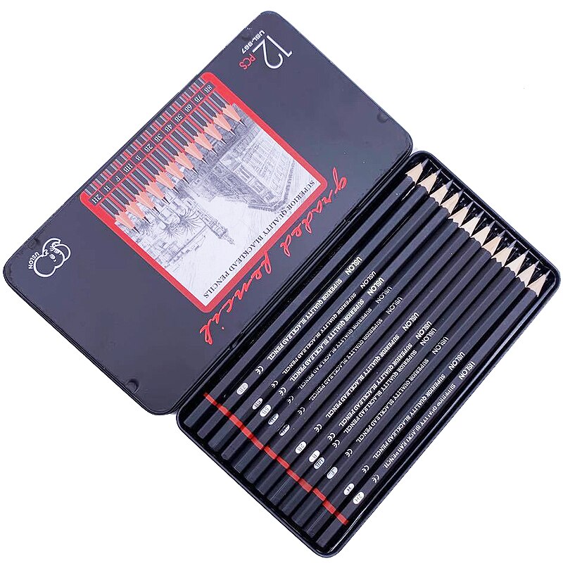 Slaypershop 12 Psc Set Pensil Sketsa 2H-8B Alat Pensil Lukis Gambar Menggambar Dng Kotak Logam
