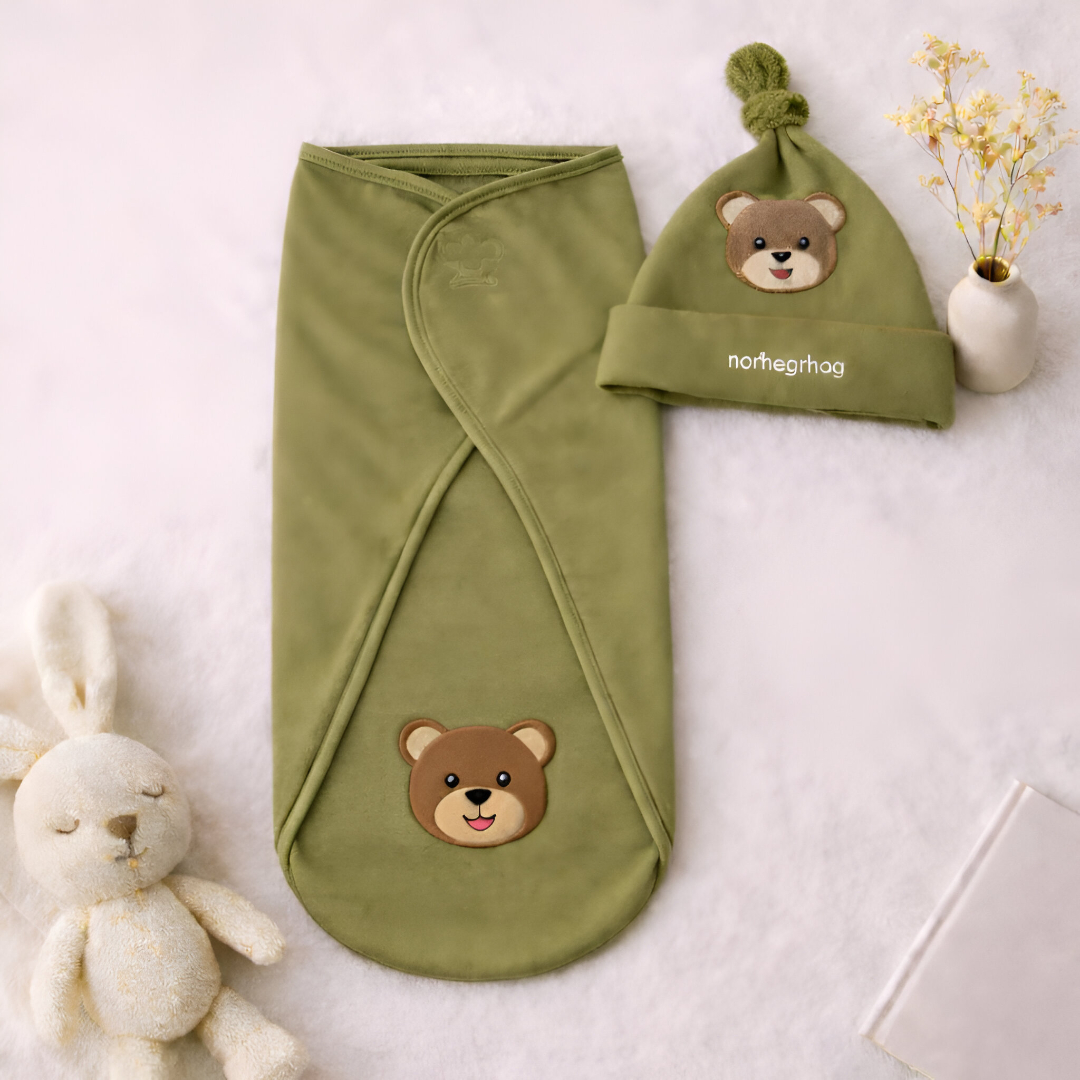 Set Selimut & Topi Bayi Motif Beruang - Bahan Katun Lembut Adem