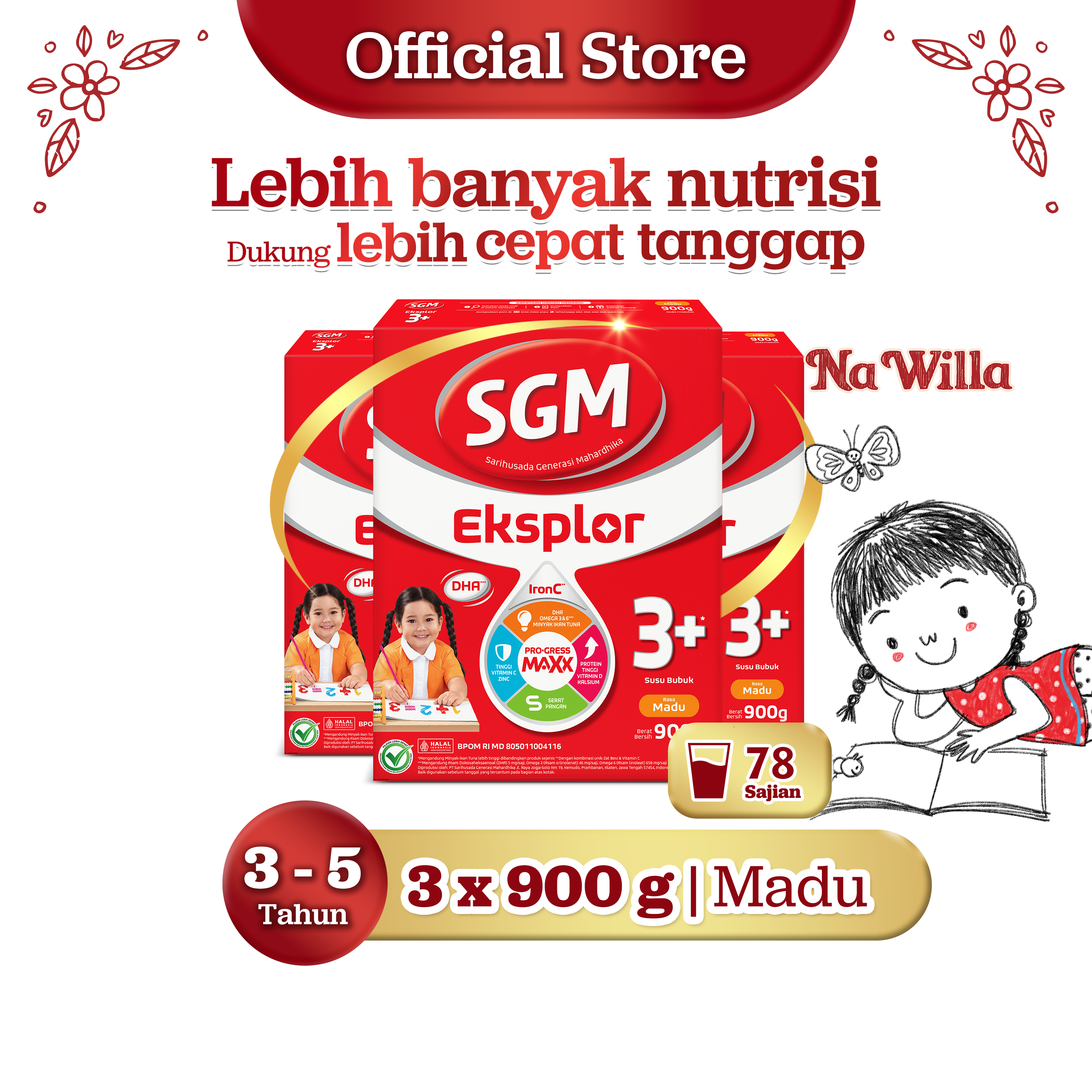 SGM Eksplor 3+ dengan IronC Susu Bubuk Rasa Madu 3x900gr - Untuk Usia 3-5 Tahun