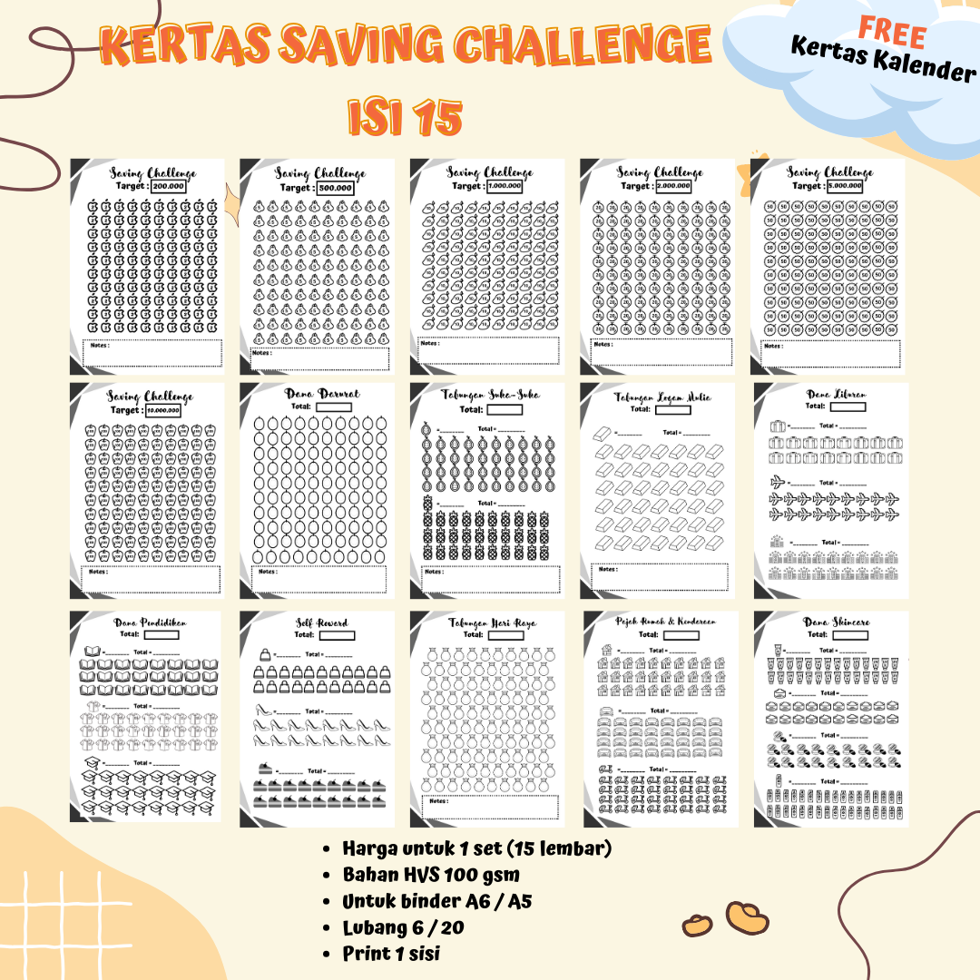 (Isi 15) Paket Lengkap Kertas Saving Challenge Ukuran A5 A6 / Kertas Tantangan Menabung