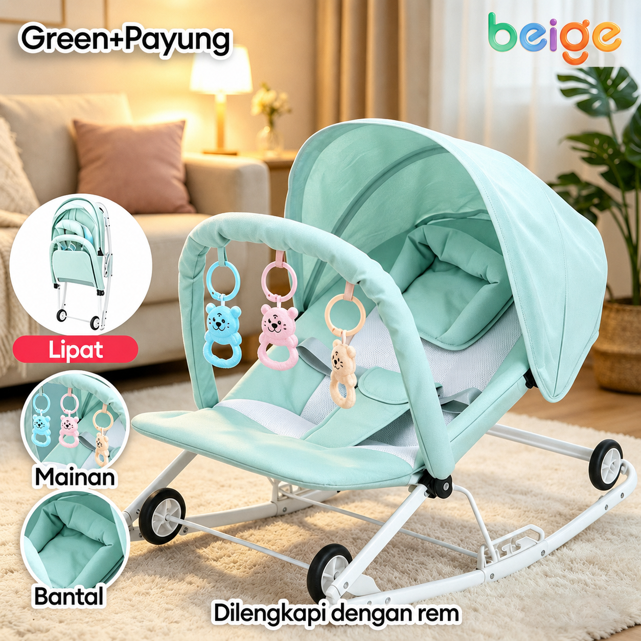 BEIGE Kursi Goyang Bayi 2 in 1 Bouncer Bayi [Payung & Roda] - Baby Rocking Chair Portable Anti Silau Ayunan Bayi