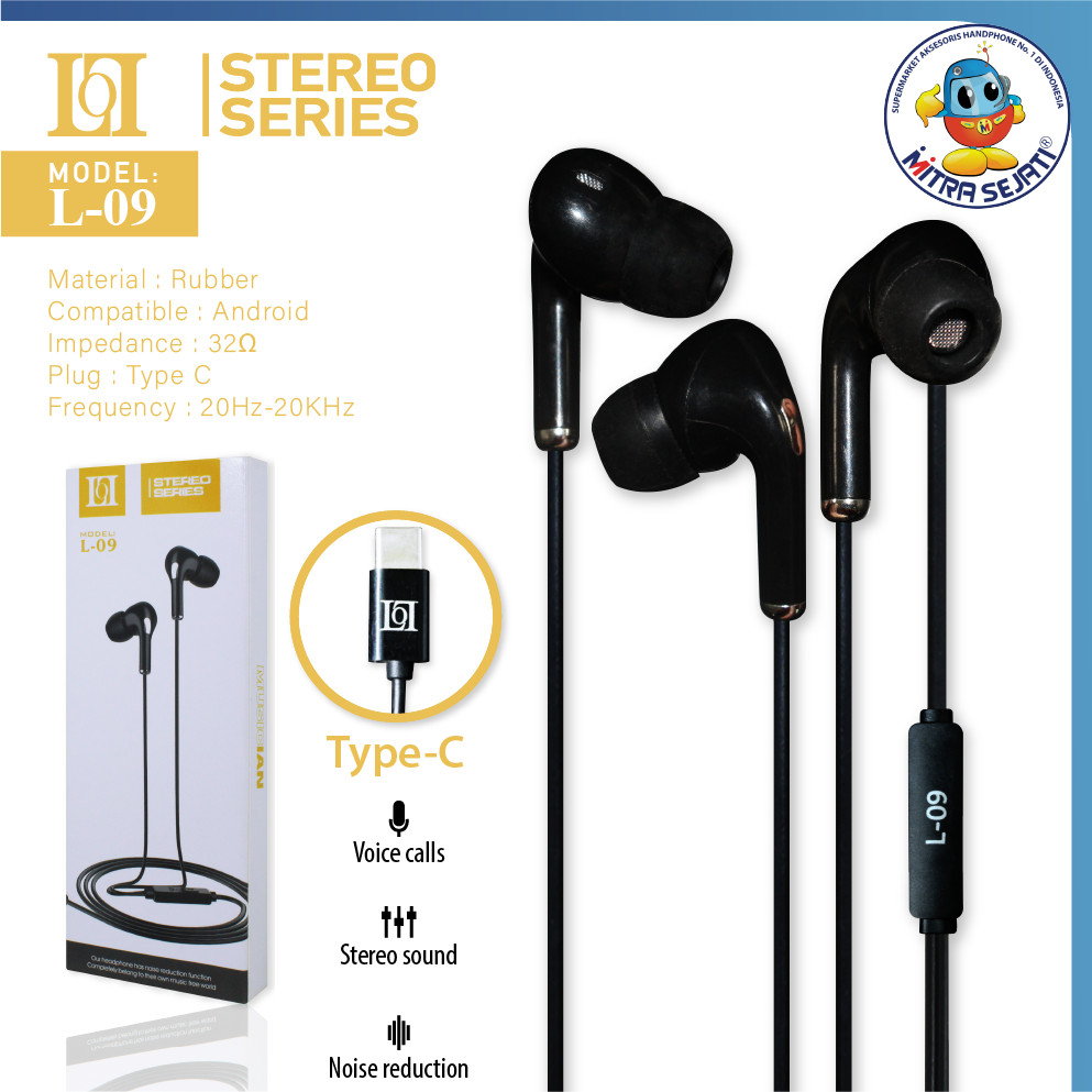 Handsfree Headset Earphone Stereo Bass L09 for Type C-AHFTYPECL09SB