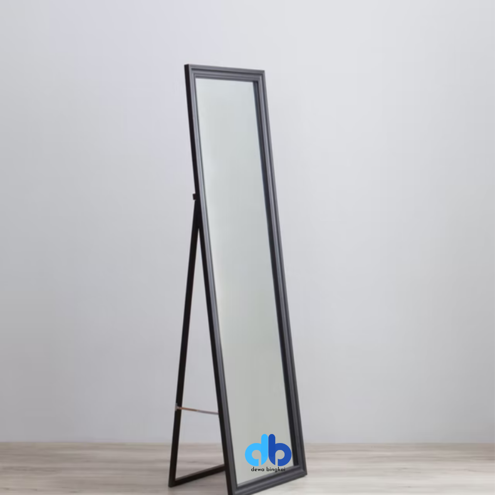 Cermin Berdiri Serengah Badan Standing Mirror 90x28 Bingkai Hitam Dudukan A-Leg