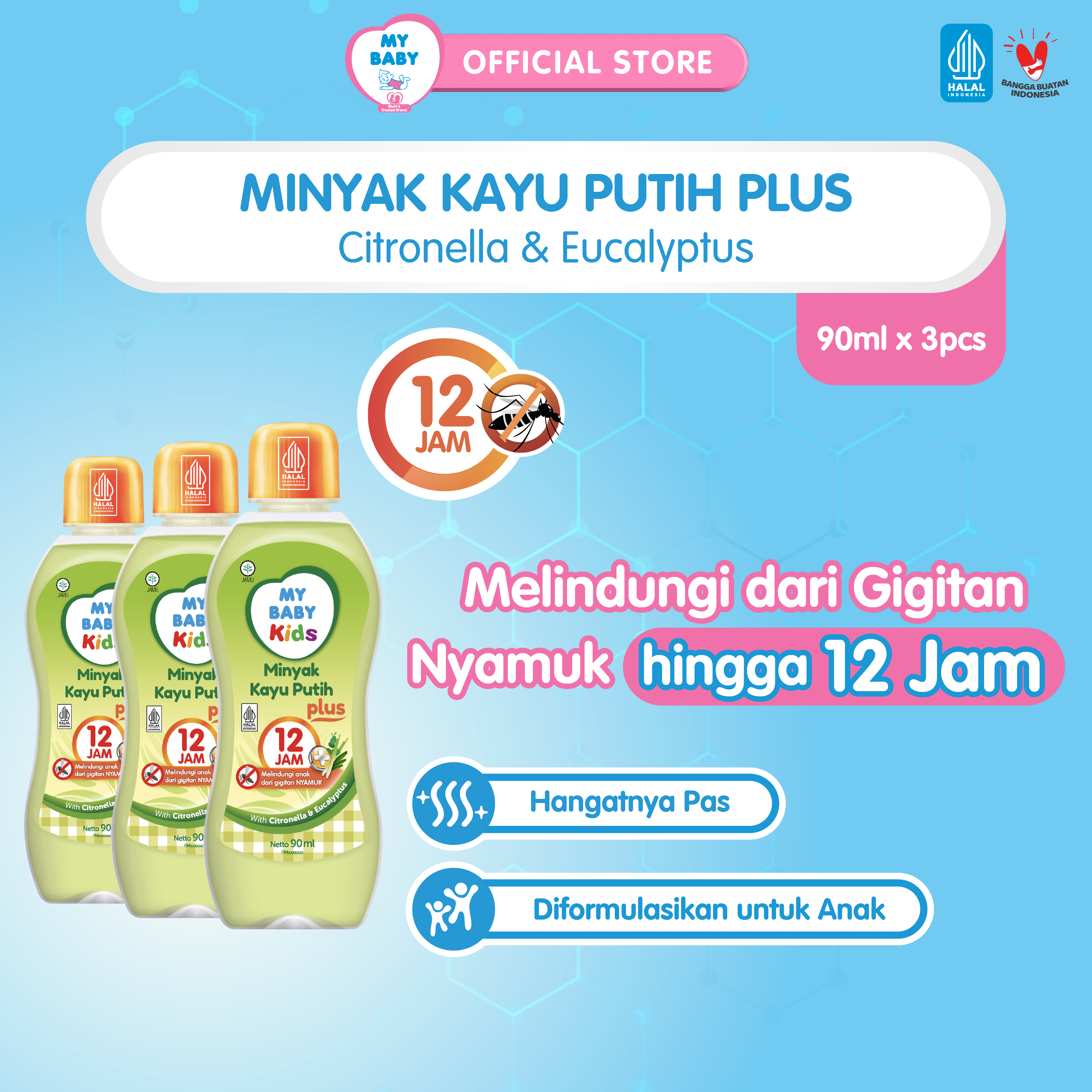 MY BABY Kids Minyak Kayu Putih Plus [90 mL / 3 pcs] - Minyak Anti Nyamuk 12 Jam - Exp: 09.2027