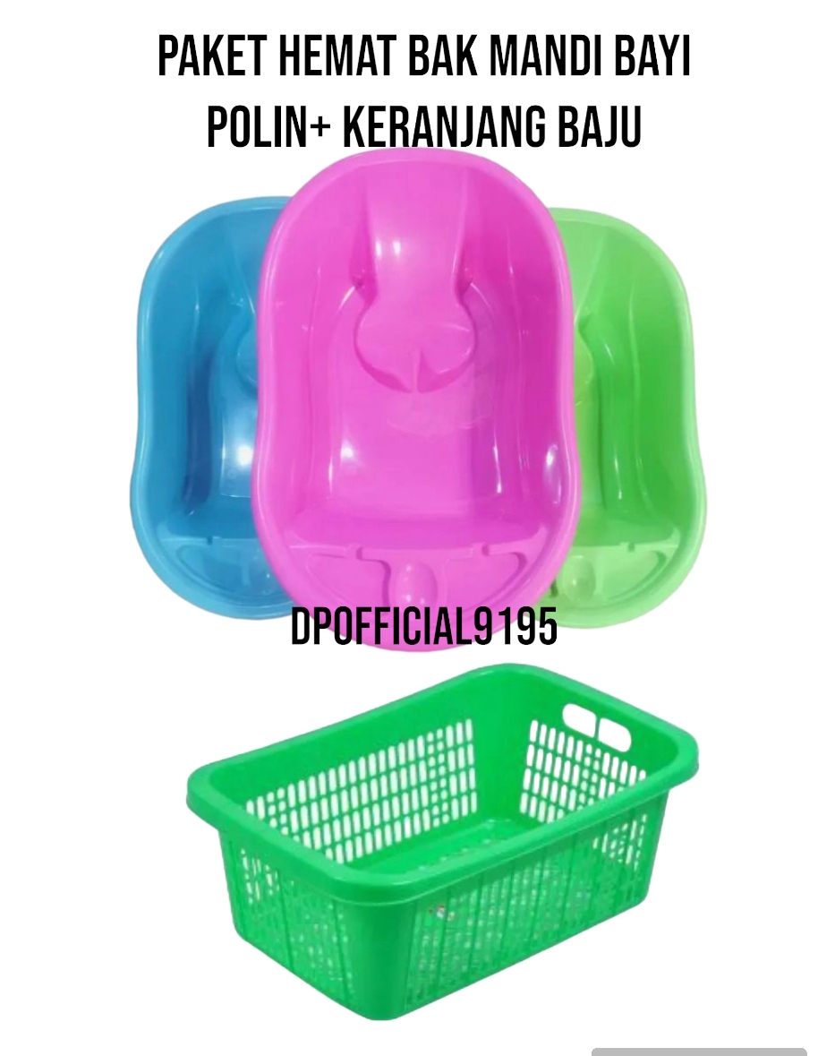 [Paket Hemat] Bak Mandi Bayi Polin+Keranjang Baju Bayi+Folding 30 Stik