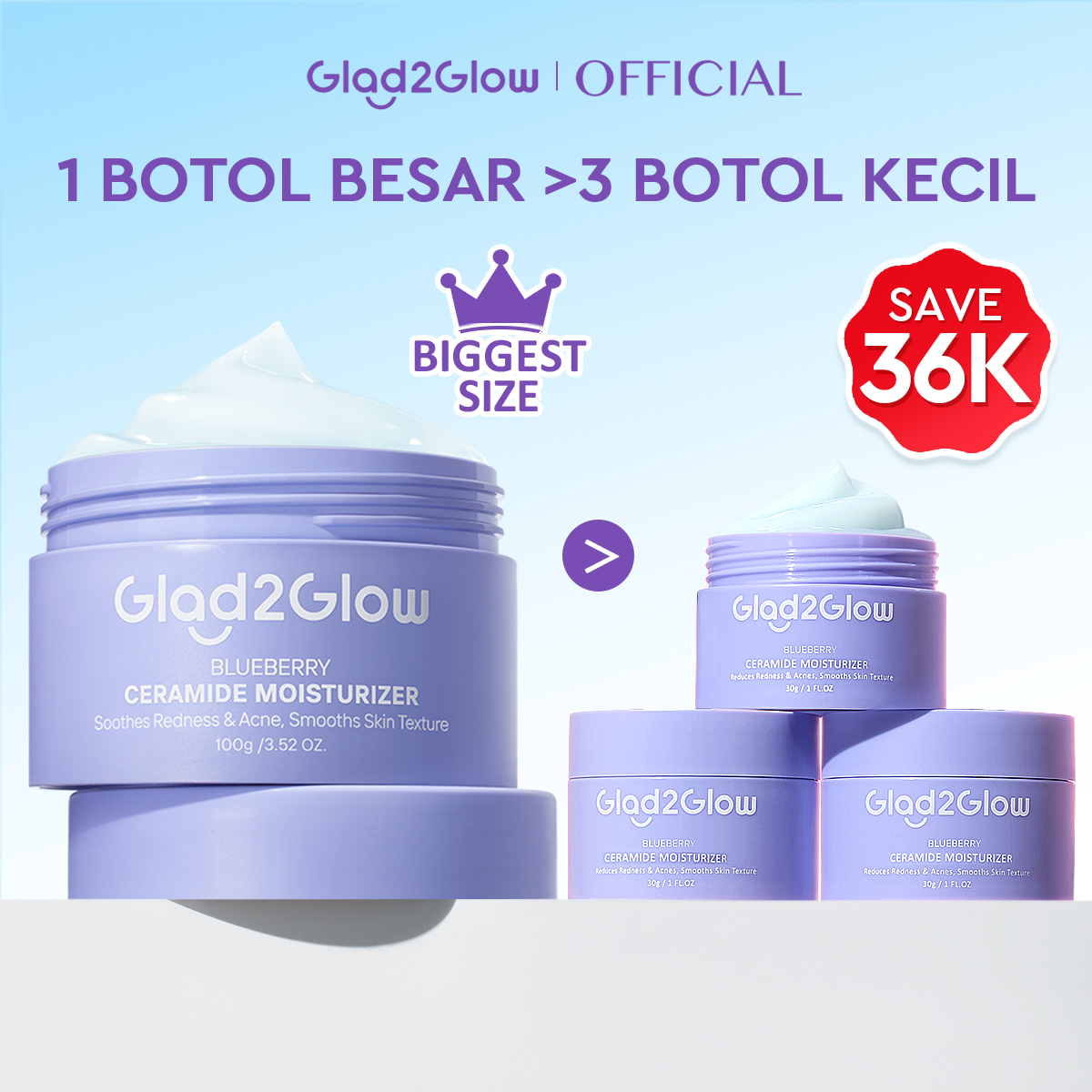 Glad2Glow Blueberry Ceramide Moisturizer 30g Glad2Glow Moisturizer Skin Barrier g2g Pelembab Waja...