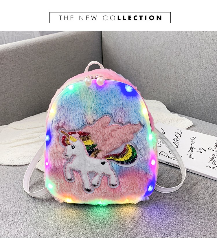 Tas Ransel Bulu LED Rainbow Backpack Unicorn Bunny Girl anak luc