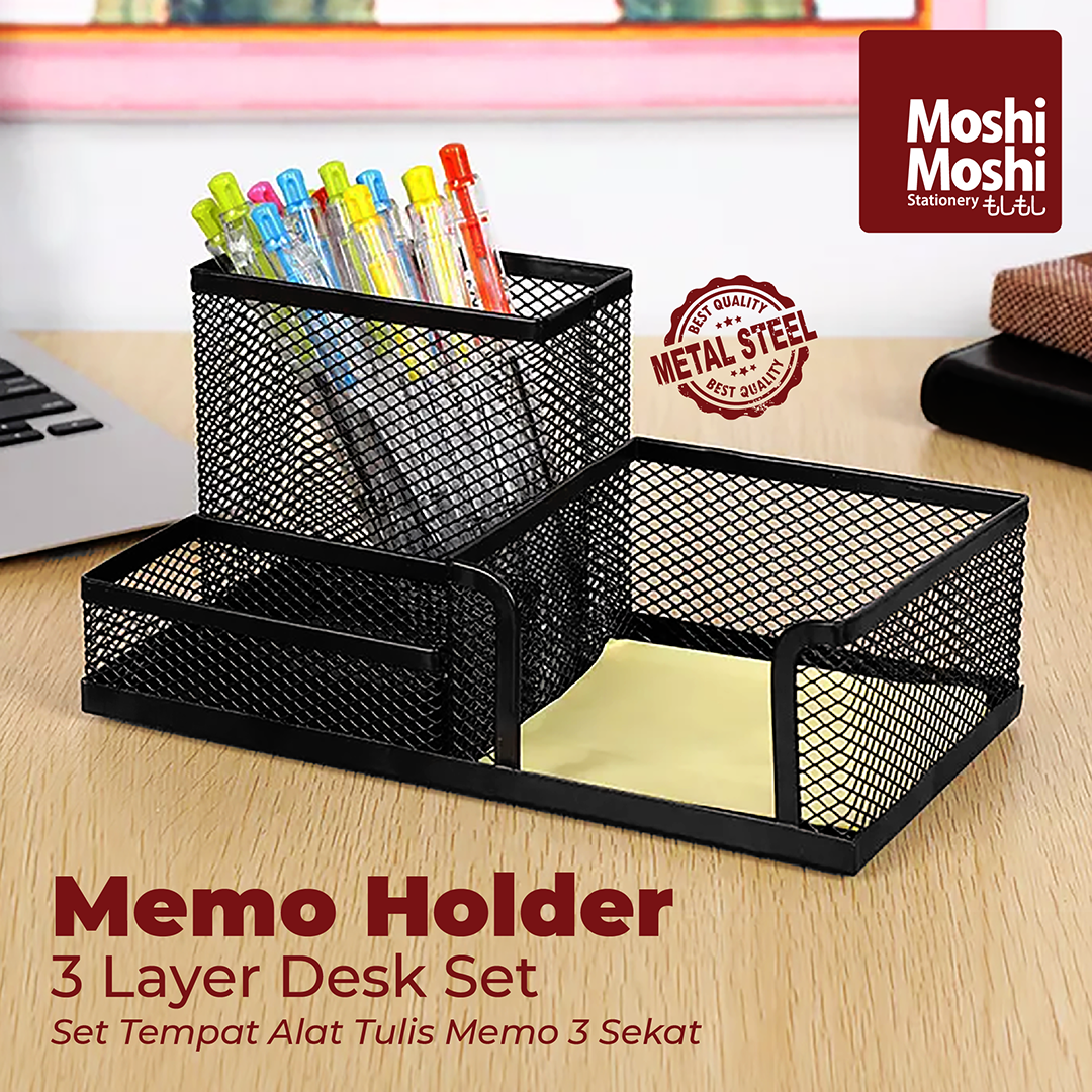 Memo Holder Desk Set Tempat Pena Tulis Meja Kantor Jaring Besi 3 Sekat