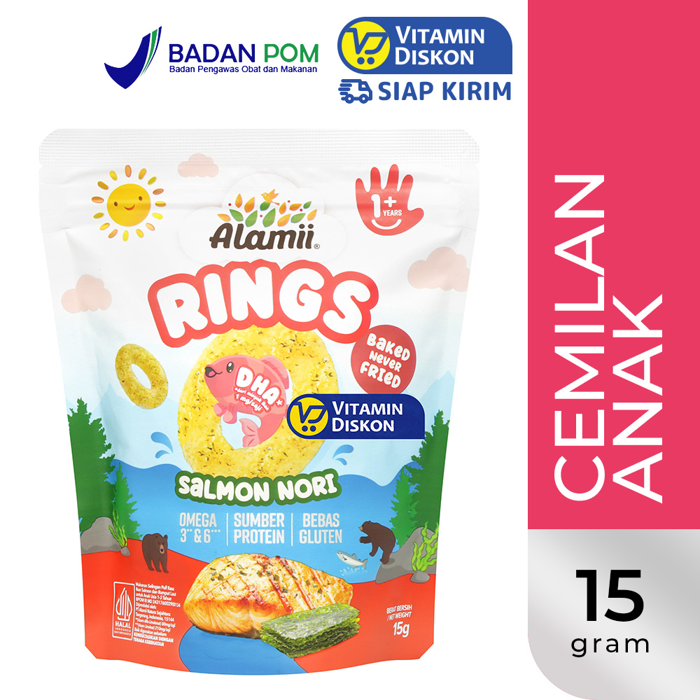 ALAMII RINGS SALMON NORI 15 GR | SNACK SEHAT ANAK-ANAK CEMILAN ANAK MPASI BAYI MAKANAN RINGAN ANAK RASA SALMON DAN NORI BEBAS GLUTEN DHA OMEGA 3 & 6