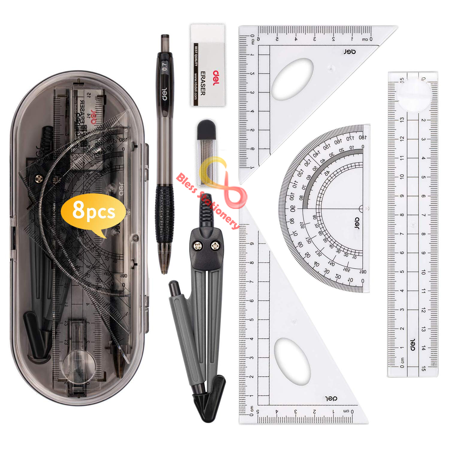Jangka penggaris busur sekolah DELI Compass Drafting Set Square Ruler