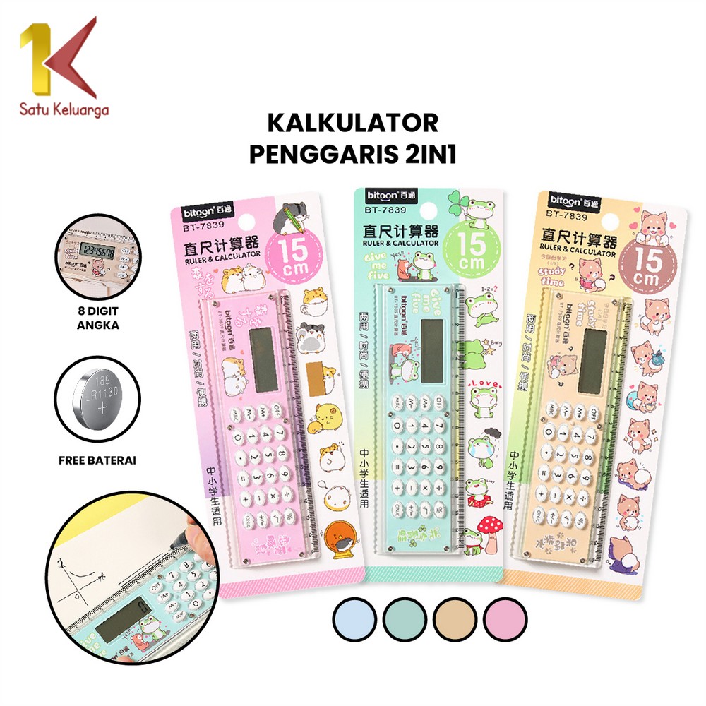 Satu Keluarga Kalkulator Penggaris 2IN1 A65 Ruler Set Mini Karakter Kalkulator 8 Digit Penggaris 15cm Praktis Multifungsi Perlengkapan Sekolah Anak