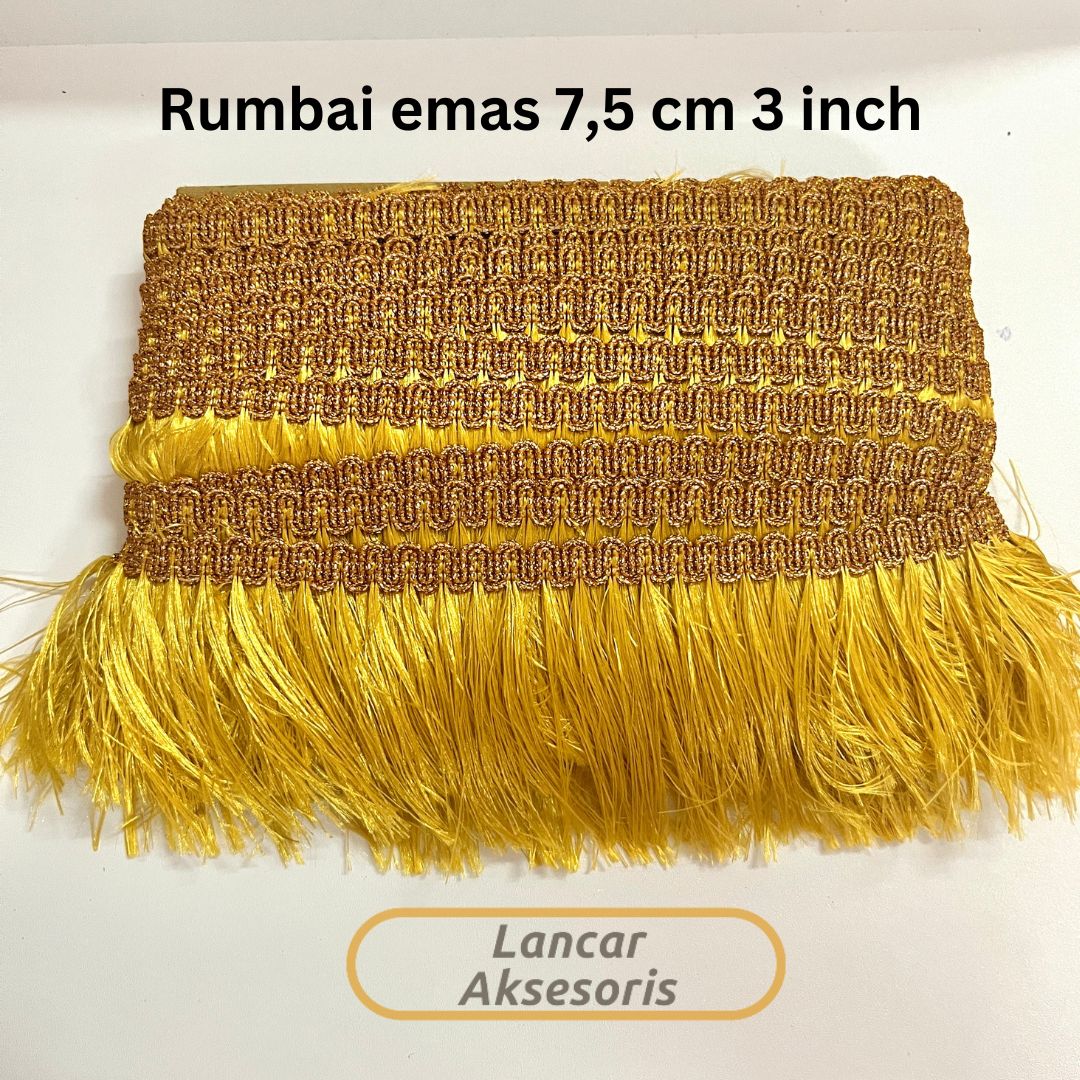 Renda Rumbai Halus Emas Gold 75 CM / rumbai dayak / renda rawis per 1 pak isi 20 yard / Renda Sampur Gobyok