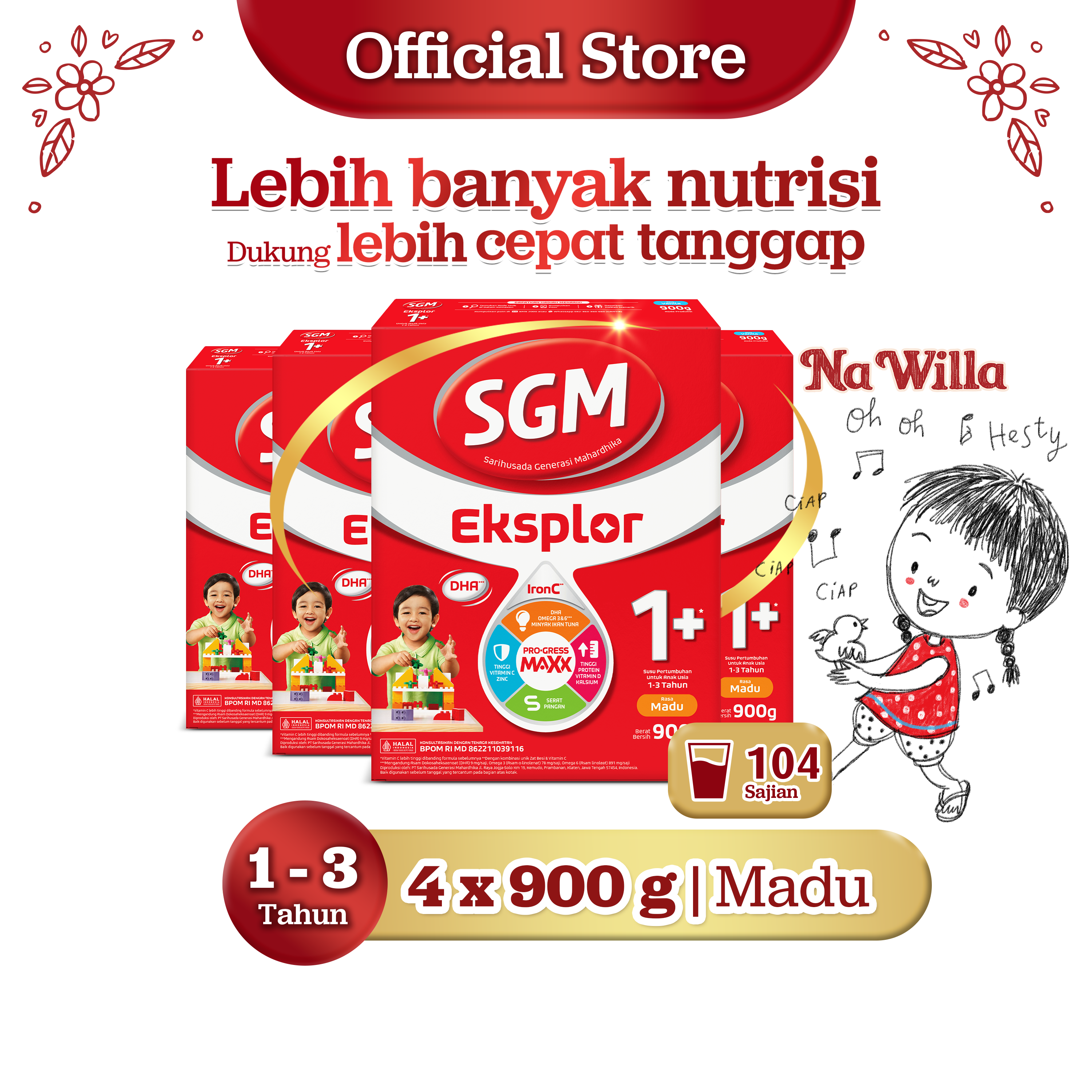 SGM Eksplor 1+ dengan IronC Susu Pertumbuhan Rasa Madu 4x900gr - Untuk Usia 1-3 Tahun