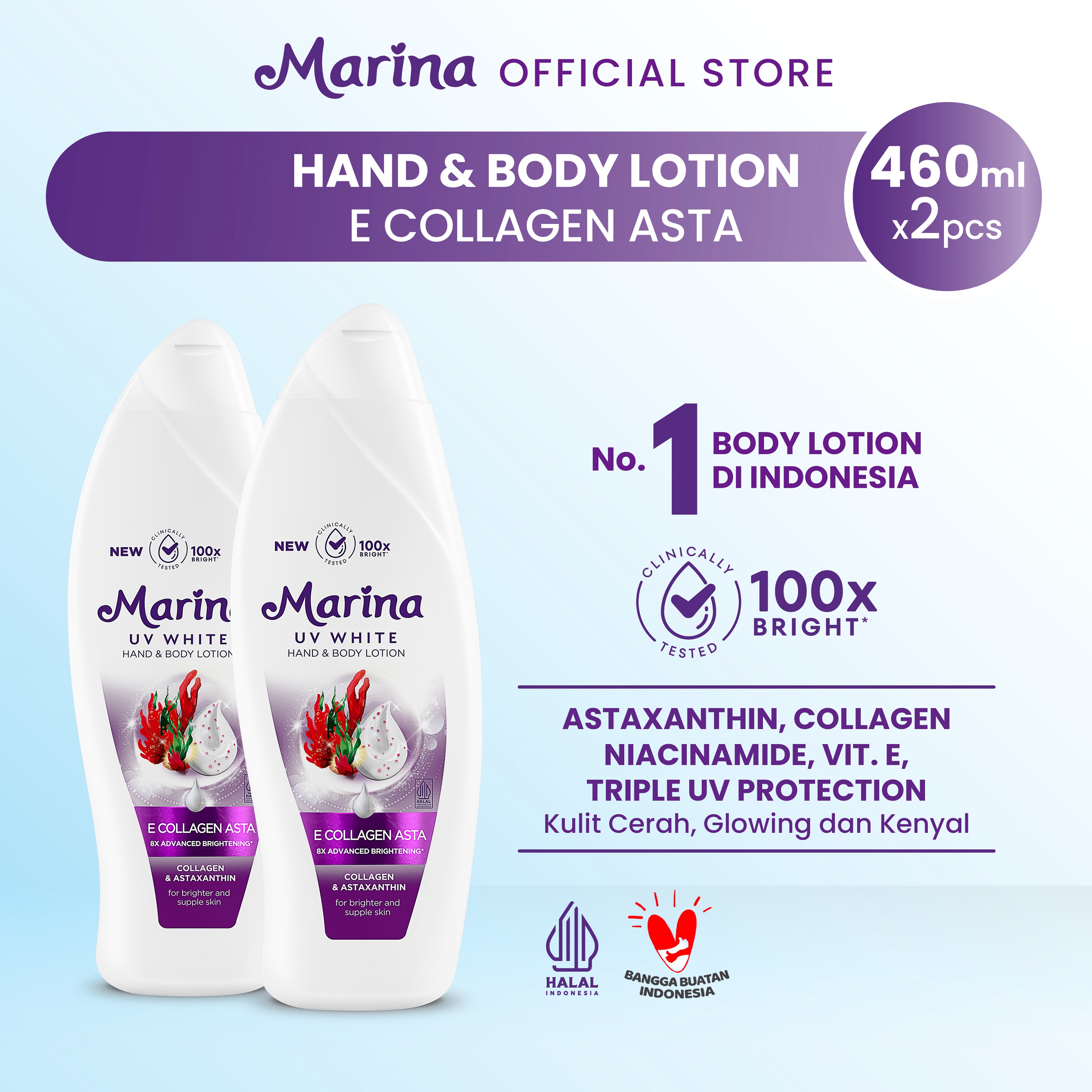 Marina UV White Hand & Body Lotion E Collagen Astaxanthin [460 ml / 2 pcs] - Exp : 06.2027