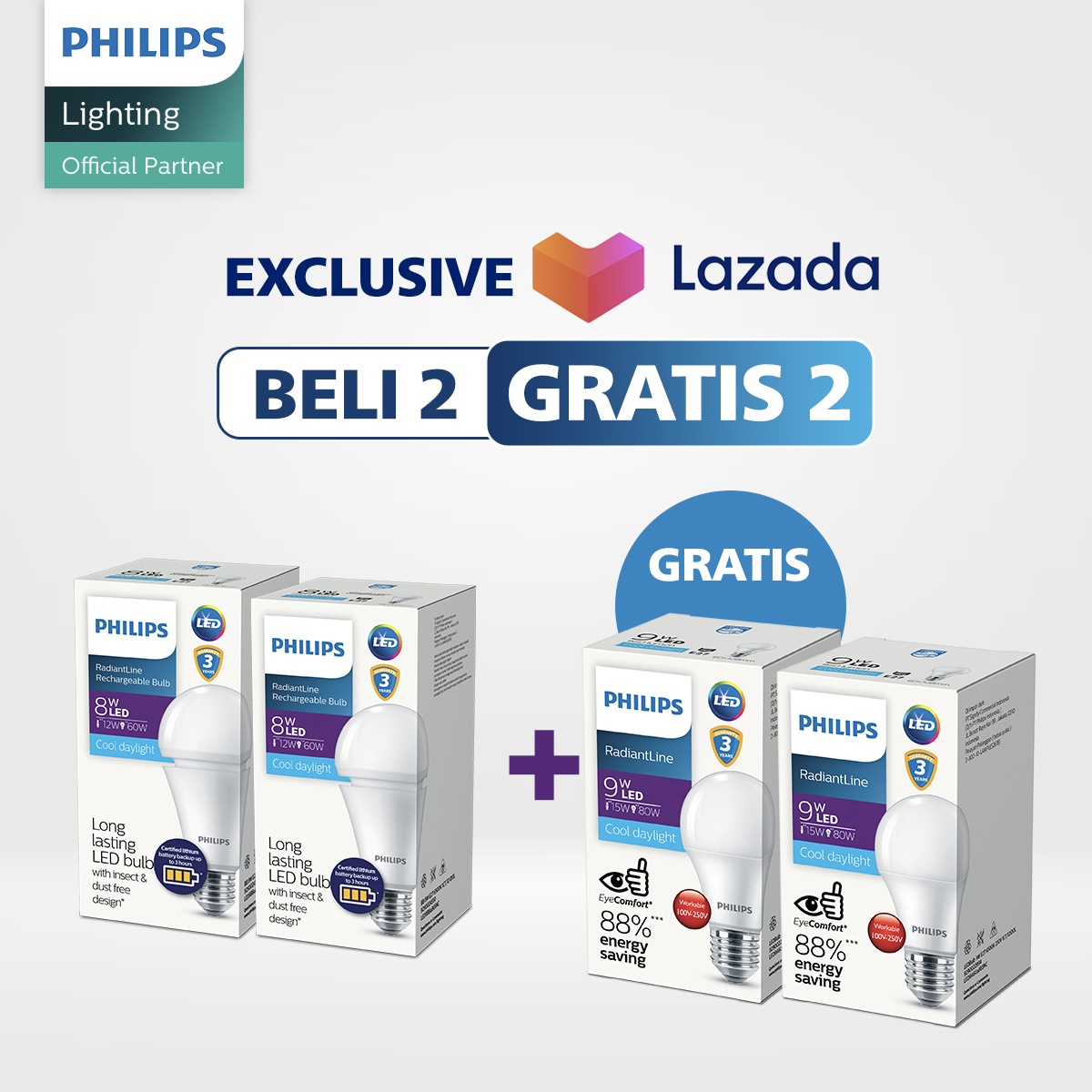 Beli 2 Philips Lampu Emergency Rechargeable 8W 6500k Putih Gratis 2 Lampu LED 9W 6500k Putih