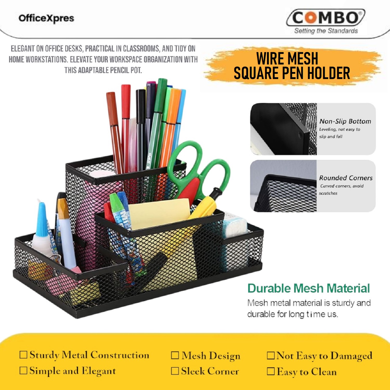 Pen Stand 4 Sekat / Tempat Pulpen Jaring Besi / Pen Stand Organizer / Keranjang Pulpen / Pen Holder DTMPS04
