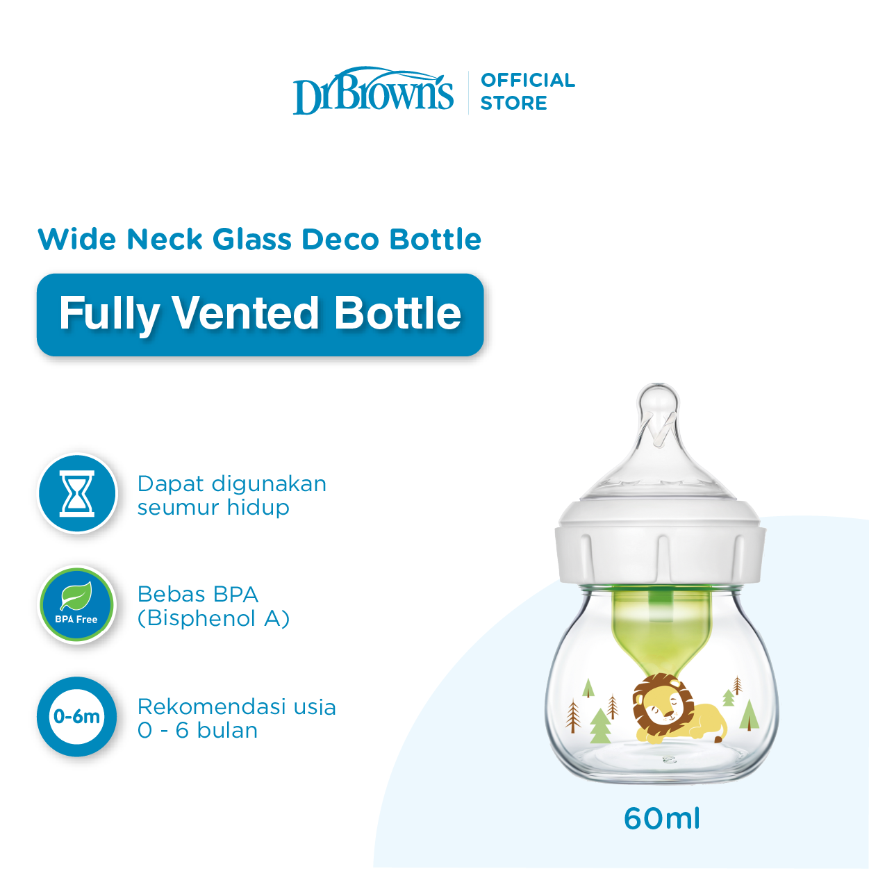 Dr. Browns 2oz / 5oz Glass Wide-Neck Options+ Deco Bottle / Botol Susu Kaca / Botol Susu Bayi - WB21600