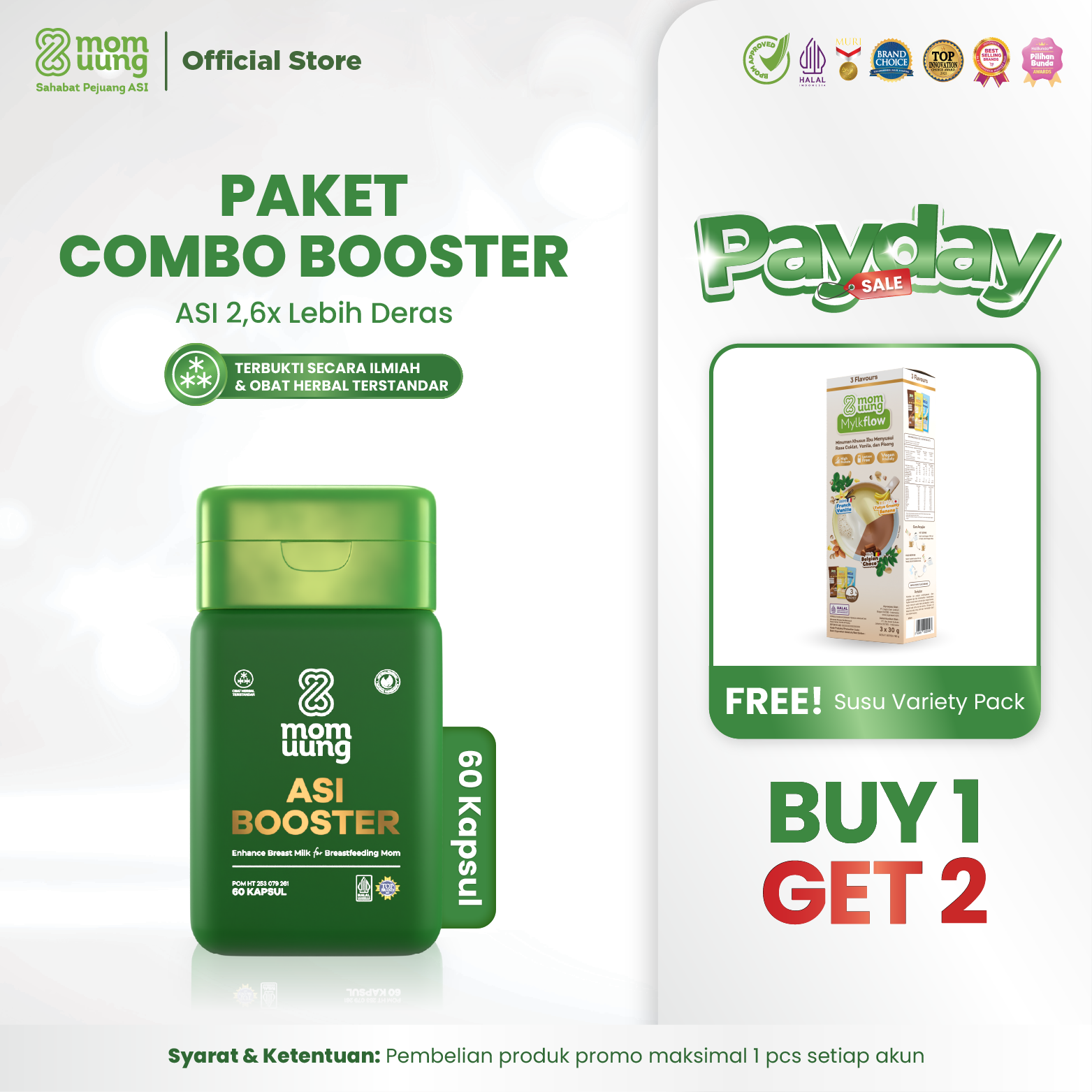 [8.8 SUPER SALE] BUY 1 GET 2 - Mom Uung ASI Booster 60 Kapsul FREE Susu Mylkflow Variety Pack