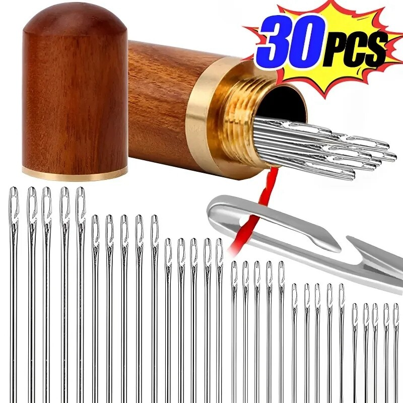 【SET LENGKAP】Jarum Jahit Tidak Perlu Threader - 30 Jarum + Kotak Kayu Solid Untuk Selimut Kain Tas | Set Perlengkapan Jahit Terbaik untuk Pemula & Profesional