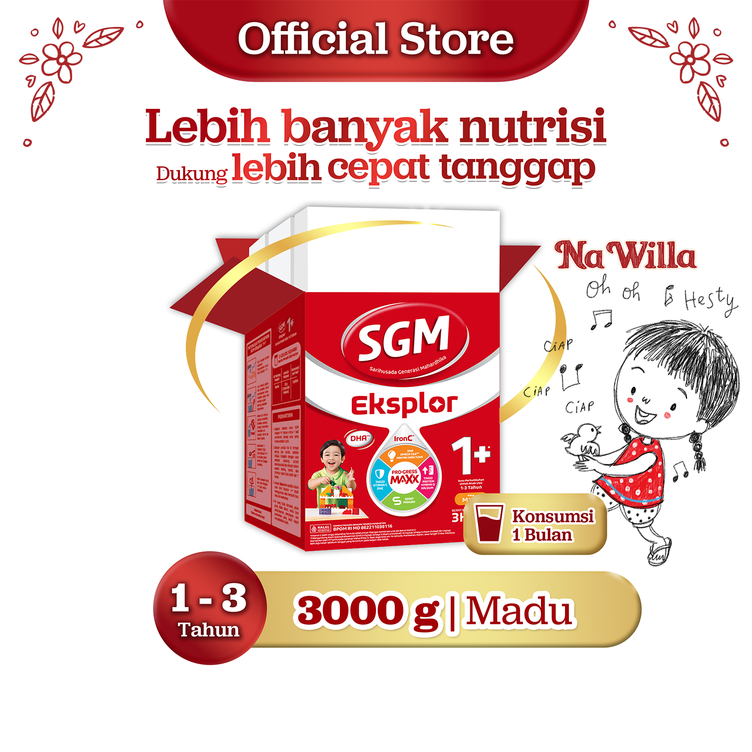 SGM Eksplor 1+ dengan IronC Susu Pertumbuhan Rasa Madu 3000gr - Untuk Usia 1-3 Tahun