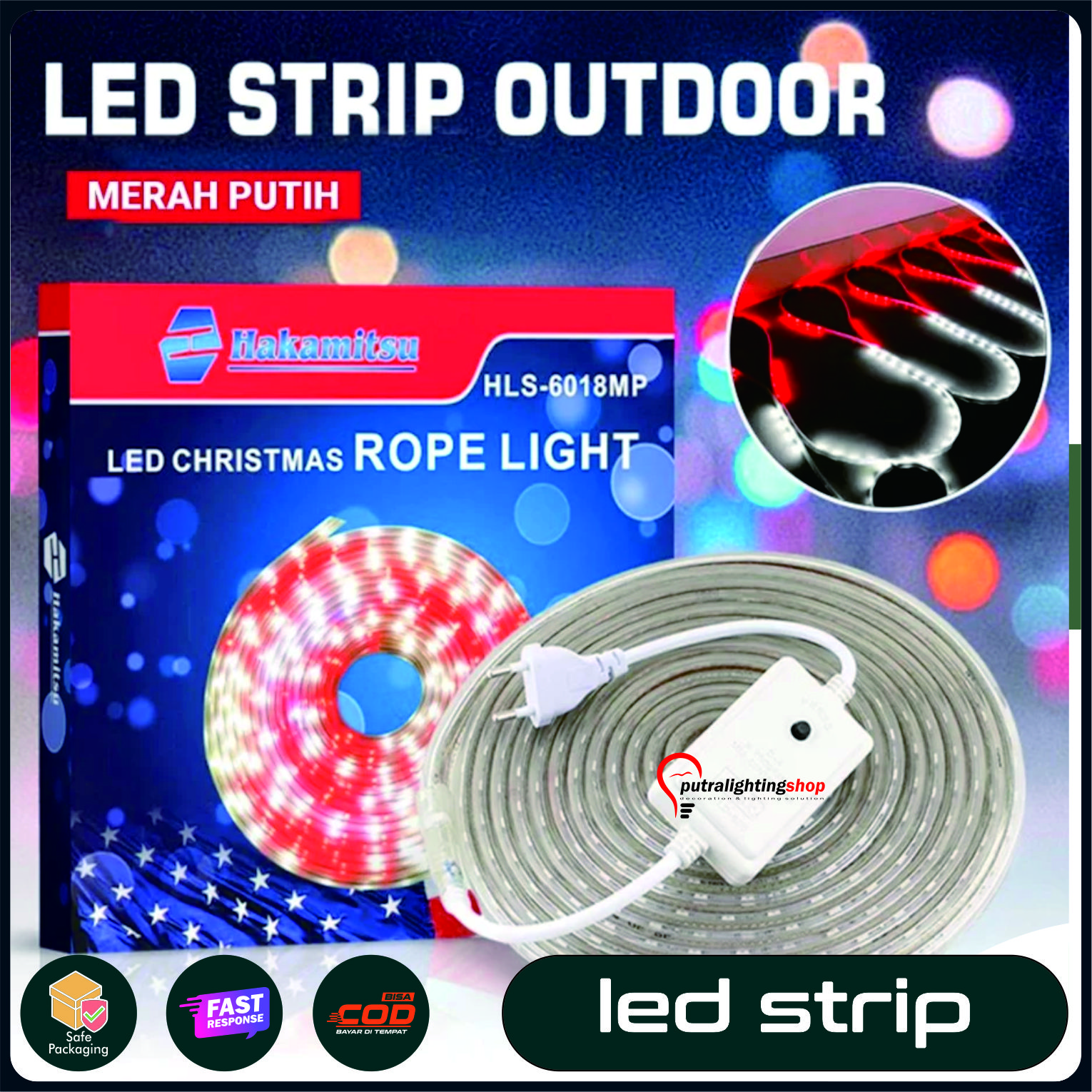 Lampu LED Strip Outdoor Merah Putih 10Meter Termasuk Adaptor 220V Lampu Hias Anti Air