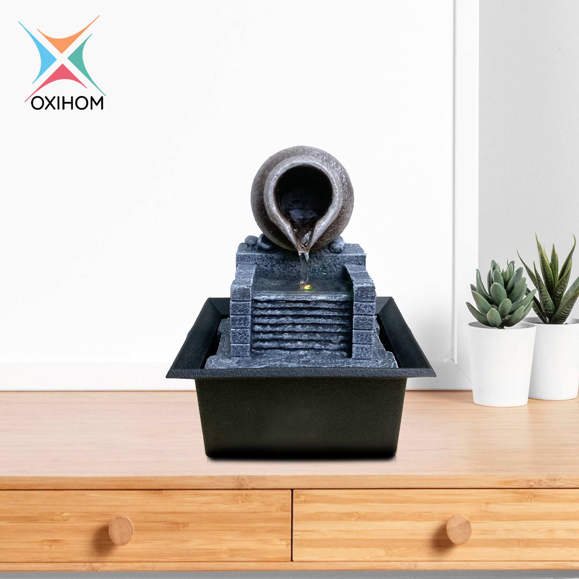 Oxihom W503 Water Fountain Ornament Articles Taman Air Mancur Mini Garden Abstrak Dekorasi Indoor dan Outdoor Rumah Unik dan Antik Feng Shui Motif Batu Alam Minimalis Membuat Ruang Tamu yang Mewah Elegan Hangat dan Romantis dengan lampu LED