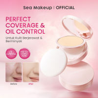 Sea Makeup Acne Cover & Smooth Two Way Cake Pressed Powder and Matte Bedak Padat Compact Powder with Salicylic Acid + Ceramide + Safflower