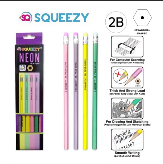 Pencil 2B Motif Squeezy Neon / Pensil 2B Kayu isi 12 pcs per box untuk ujian / komputer