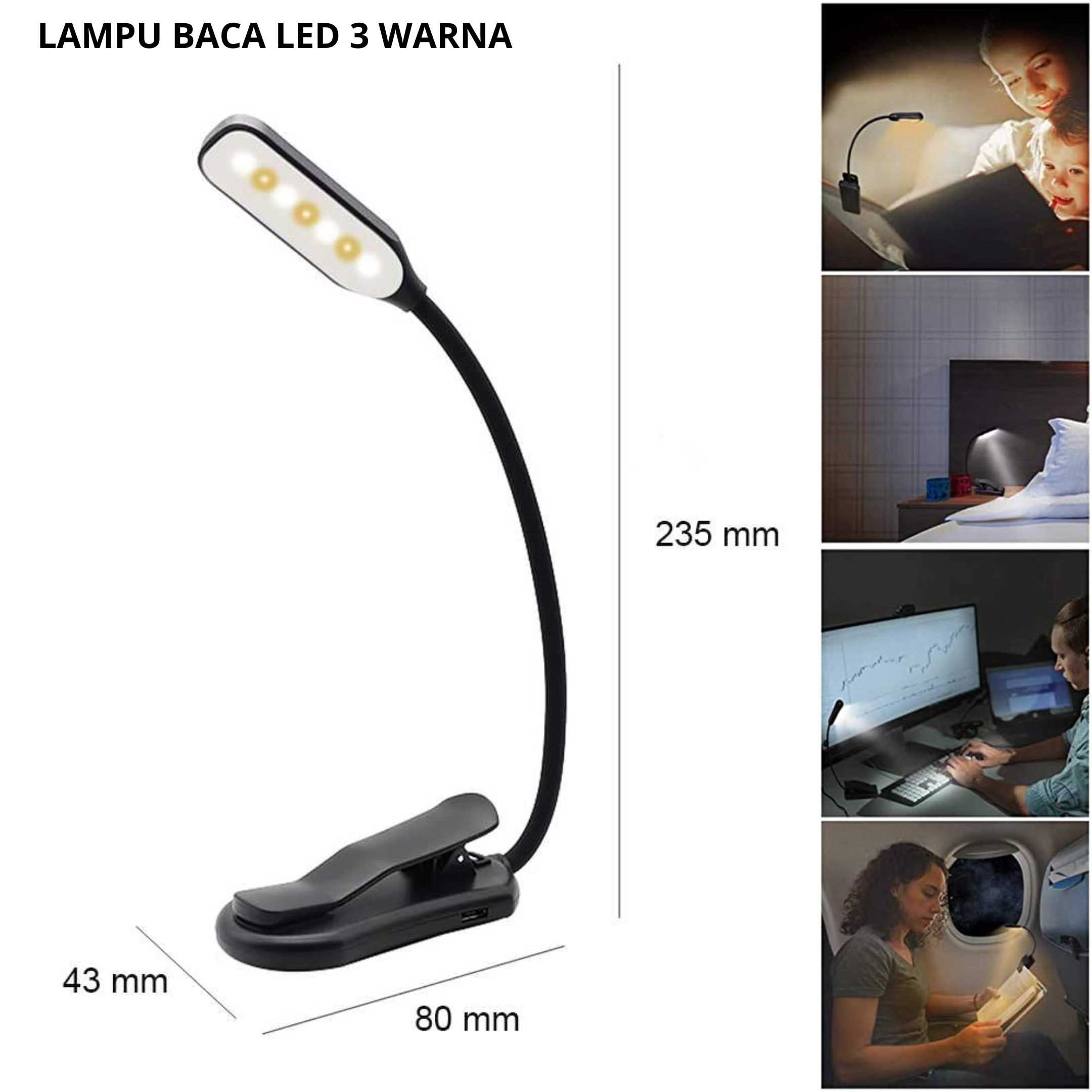 Lampu Baca Buku Jepit Mini Fleksibel Charger Portable LED Clip 3 Warna / Lampu Belajar Portable