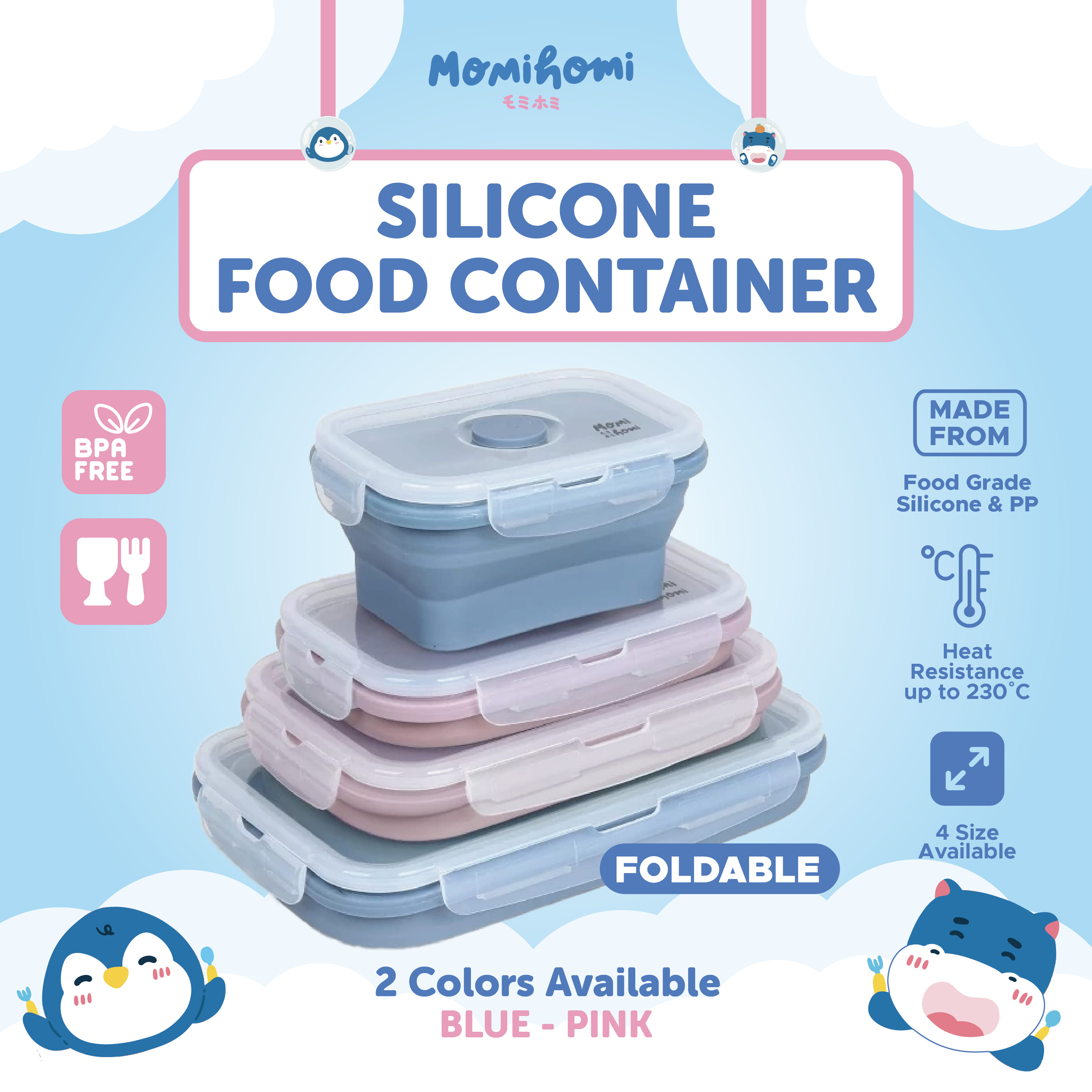 Momi Homi Silicone Food Container Tempat Penyimpanan Makanan Bahan Silikon Foldable Praktis Anti Tumpah Food Grade Aman Kotak Makan Kotak Bekal Lunch Box Portable Kotak Makan Lipat Terdapat Katup Udara Desain Elegan Dapat Dibawa Kemanapun Warna Menarik