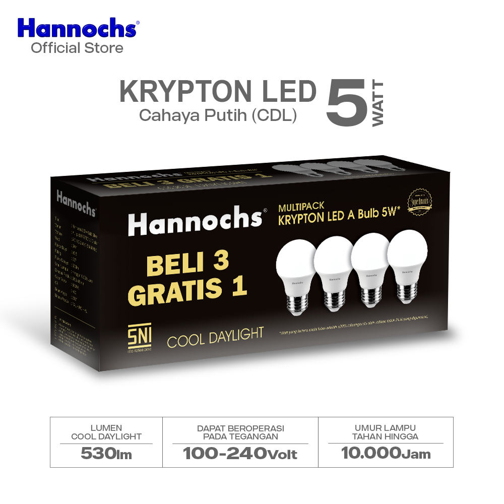 Hannochs Lampu Bohlam LED Krypton A Bulb Multipack 5W Cahaya Putih (Beli 3 Gratis 1)