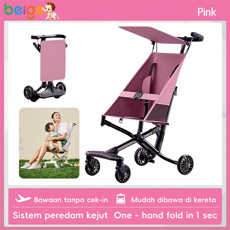 BEIGE Stroller Bayi Lipat 1 Tombol Ringan Travel Portable Beban 60kg - Mudah & Praktis
